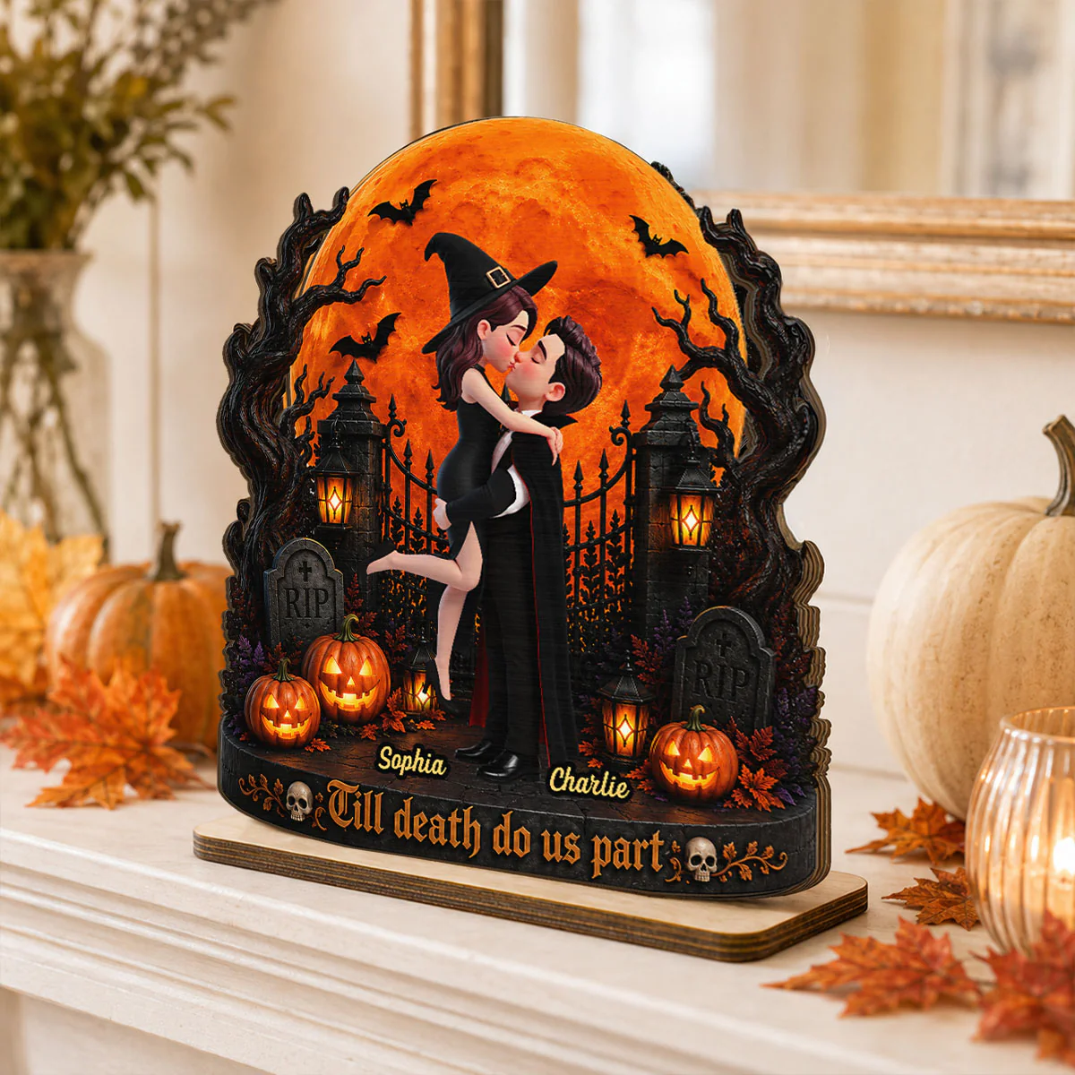 Eternal Love Couple Under Halloween Moon Light - Personalized 2-Layered Wooden Plaque - Halloween Gift For Couple - Image 3