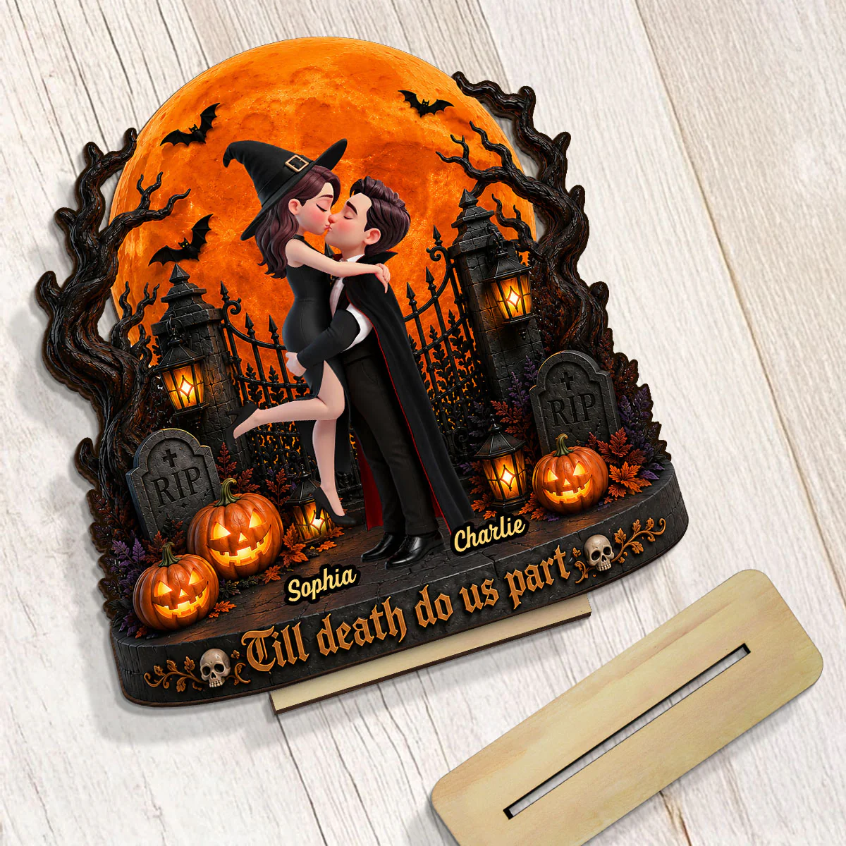 Eternal Love Couple Under Halloween Moon Light - Personalized 2-Layered Wooden Plaque - Halloween Gift For Couple - Image 6