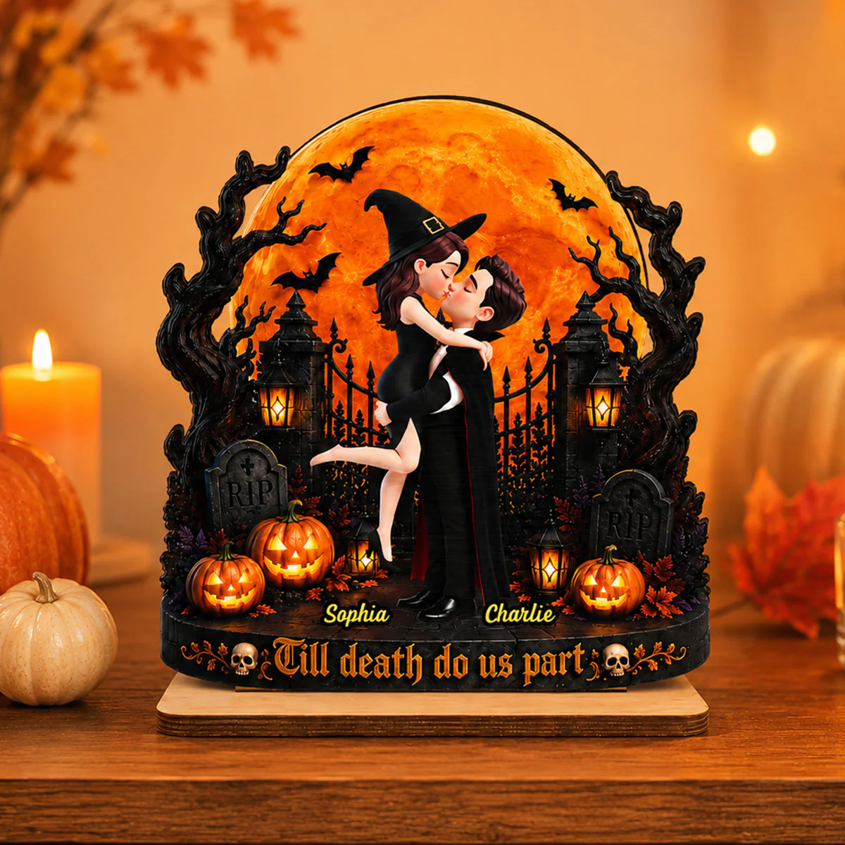 Eternal Love Couple Under Halloween Moon Light - Personalized 2-Layered Wooden Plaque - Halloween Gift For Couple - Image 7