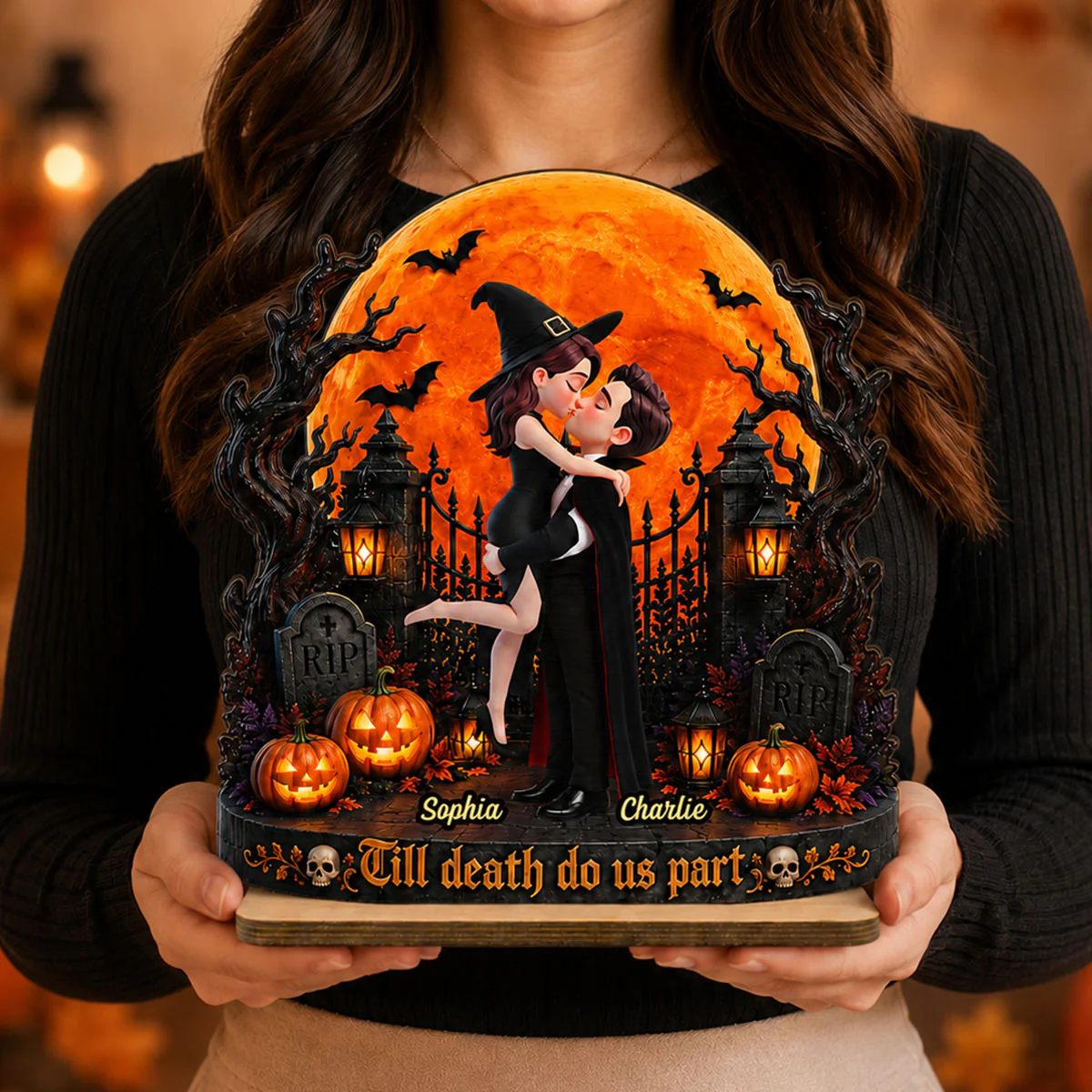 Eternal Love Couple Under Halloween Moon Light - Personalized 2-Layered Wooden Plaque - Halloween Gift For Couple - Image 8