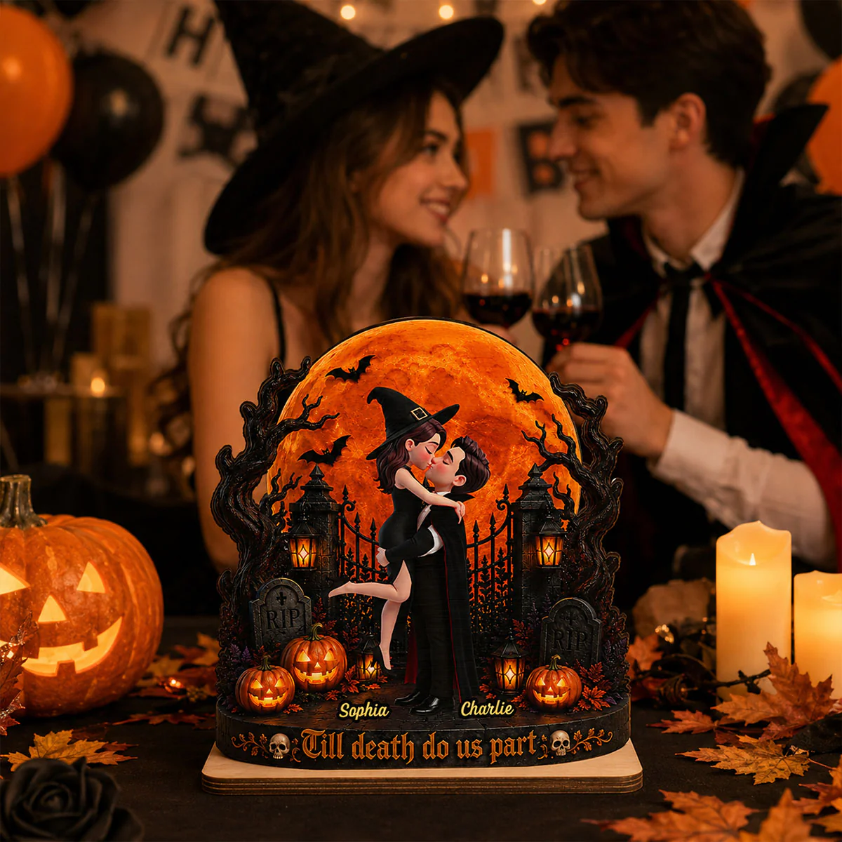 Eternal Love Couple Under Halloween Moon Light - Personalized 2-Layered Wooden Plaque - Halloween Gift For Couple - Image 9