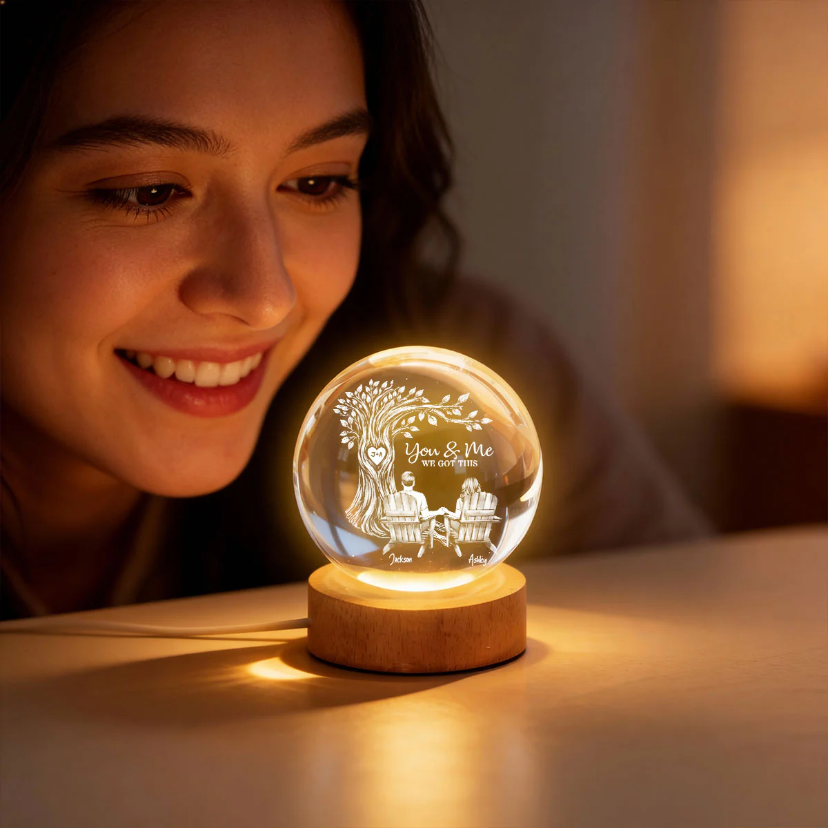 Eternal Love Couple Under Heart Carved Tree - Personalized Crystal Ball LED Night Light - Valentine's Day Gift For Couple - Image 12