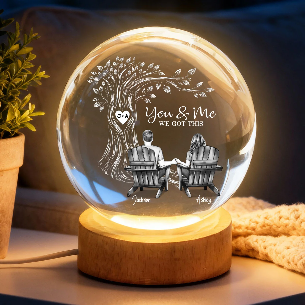 Eternal Love Couple Under Heart Carved Tree - Personalized Crystal Ball LED Night Light - Valentine's Day Gift For Couple - Image 14