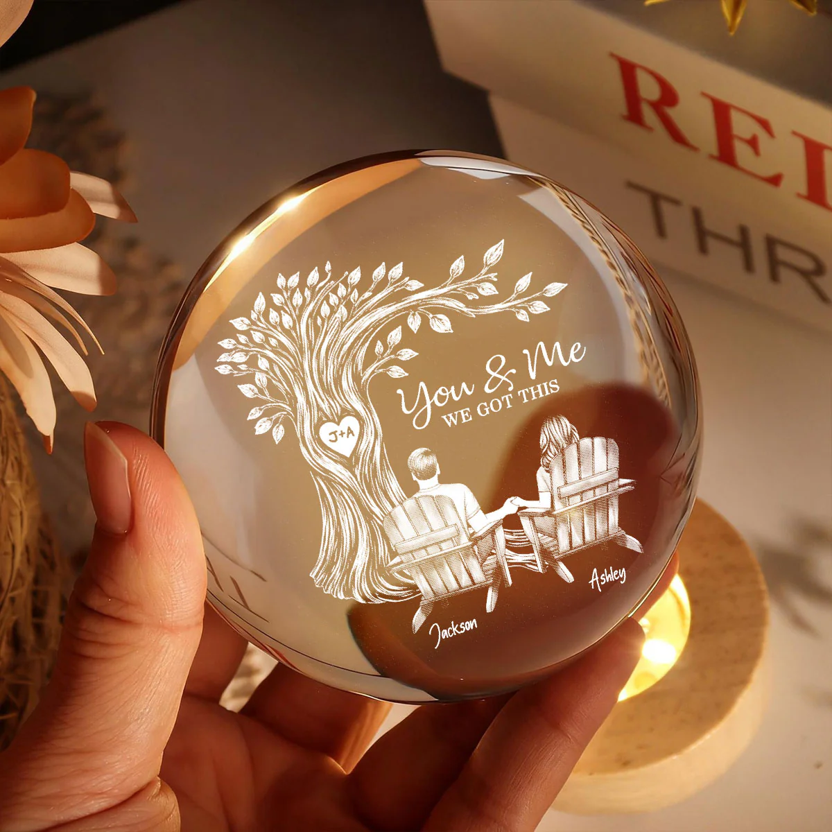 Eternal Love Couple Under Heart Carved Tree - Personalized Crystal Ball LED Night Light - Valentine's Day Gift For Couple - Image 3