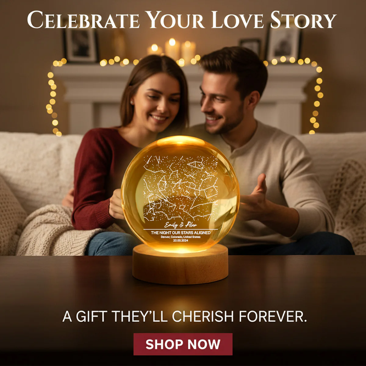Eternal Love Custom Couple Anniversary Date Star Map - Personalized Crystal Ball LED Night Light - Valentine's Day Gift For Couple, For Her, For Him - Image 4