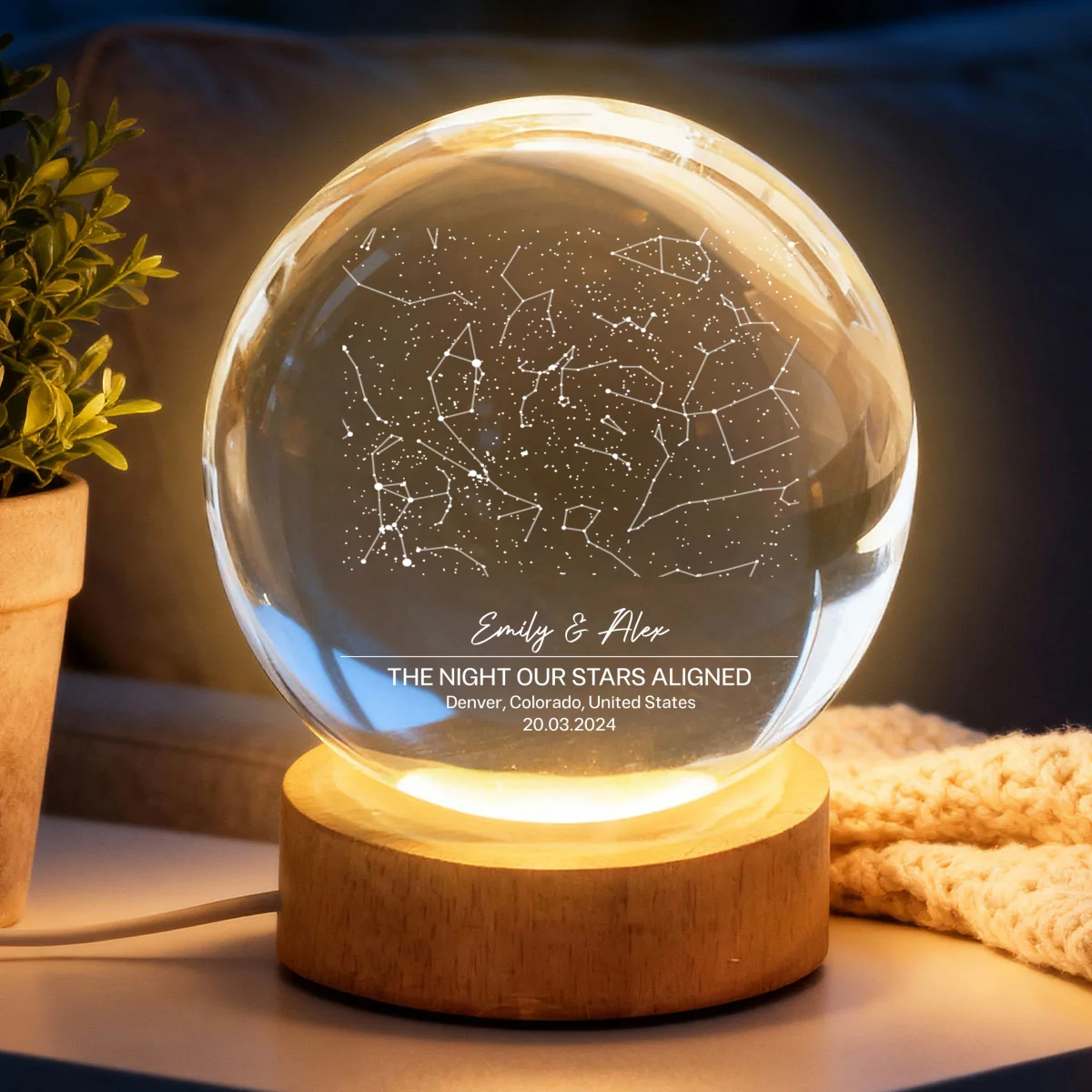 Eternal Love Custom Couple Anniversary Date Star Map - Personalized Crystal Ball LED Night Light - Valentine's Day Gift For Couple, For Her, For Him - Image 9