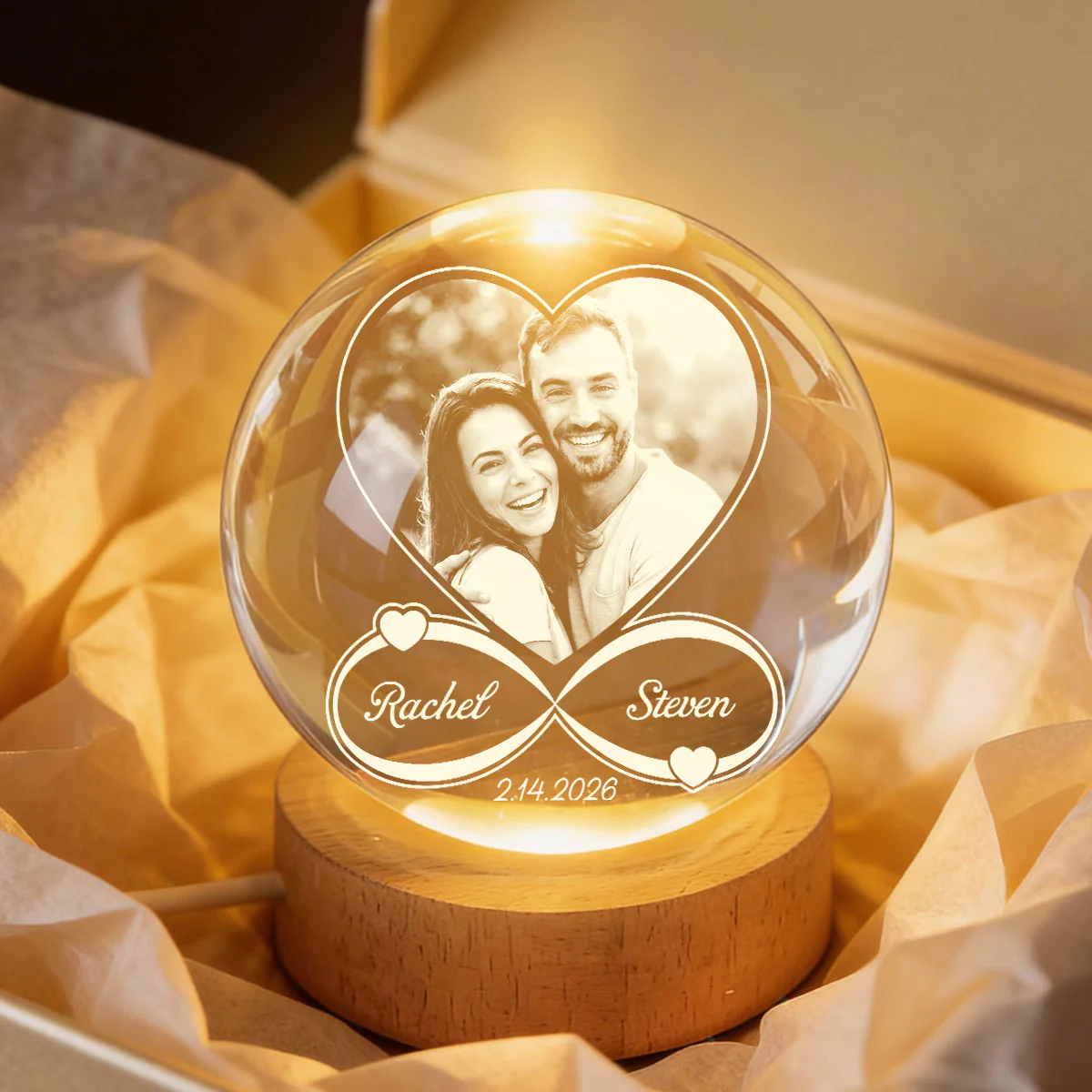 Eternal Love Custom Couple Photo Inside Infinity Heart - Personalized Crystal Ball LED Night Light - Valentine's Day Gift For Couple, For Her, For Him - Image 5