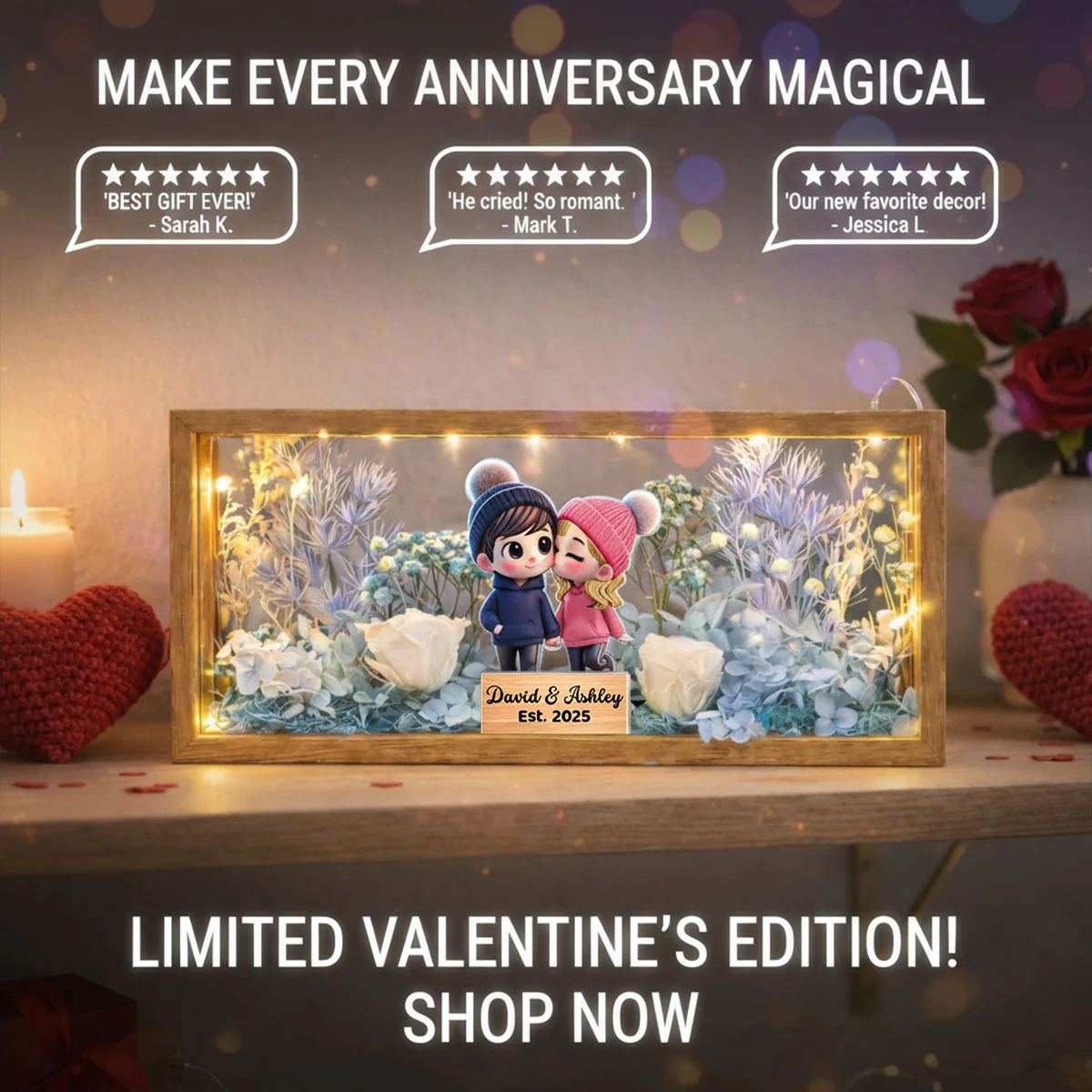 Eternal Love Cute Cartoon Chibi Couple Couple - Personalized DIY Flower Shadow Box LED Night Light - Gift For Couple, For Him, For Her - Image 22