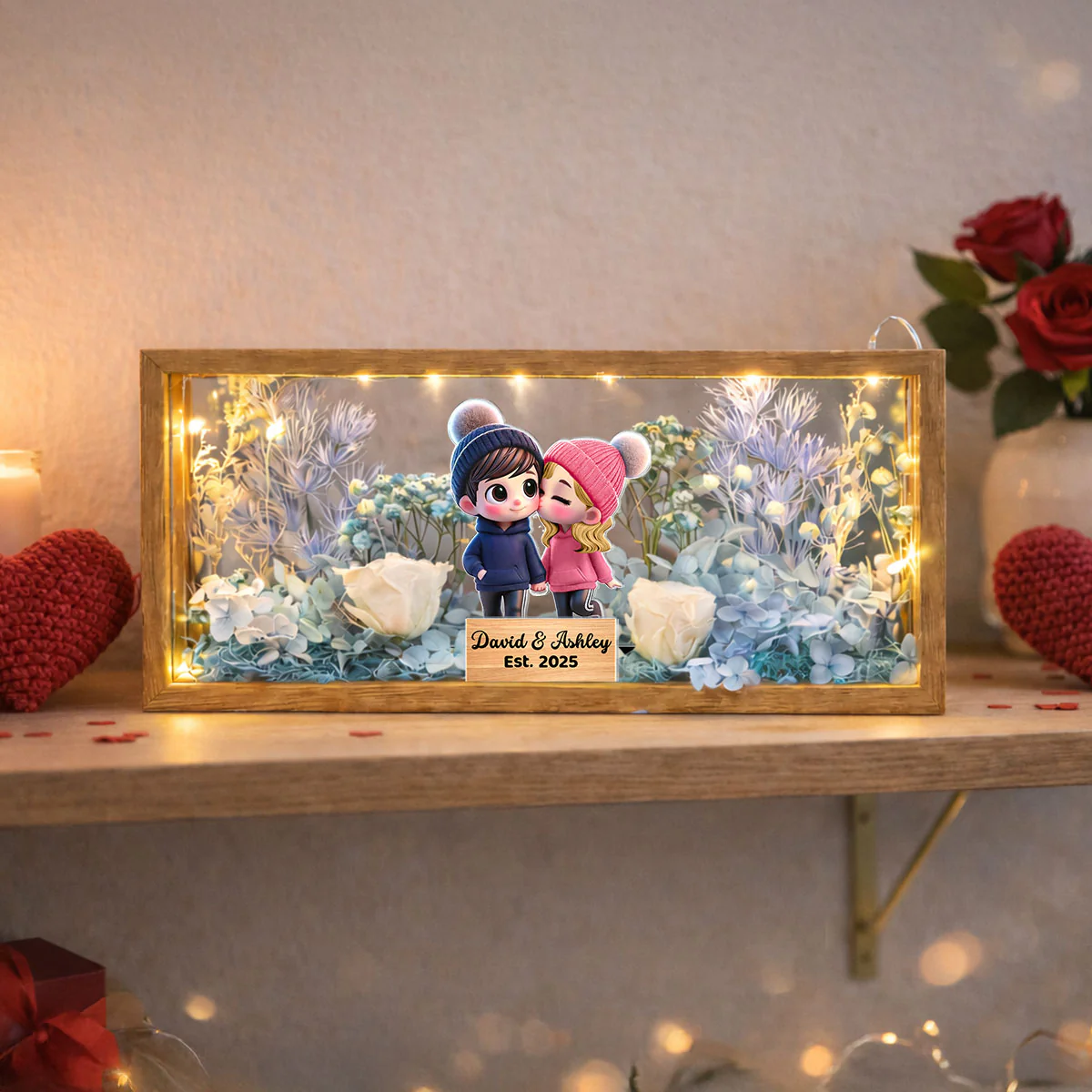 Eternal Love Cute Cartoon Chibi Couple Couple - Personalized DIY Flower Shadow Box LED Night Light - Gift For Couple, For Him, For Her - Image 7