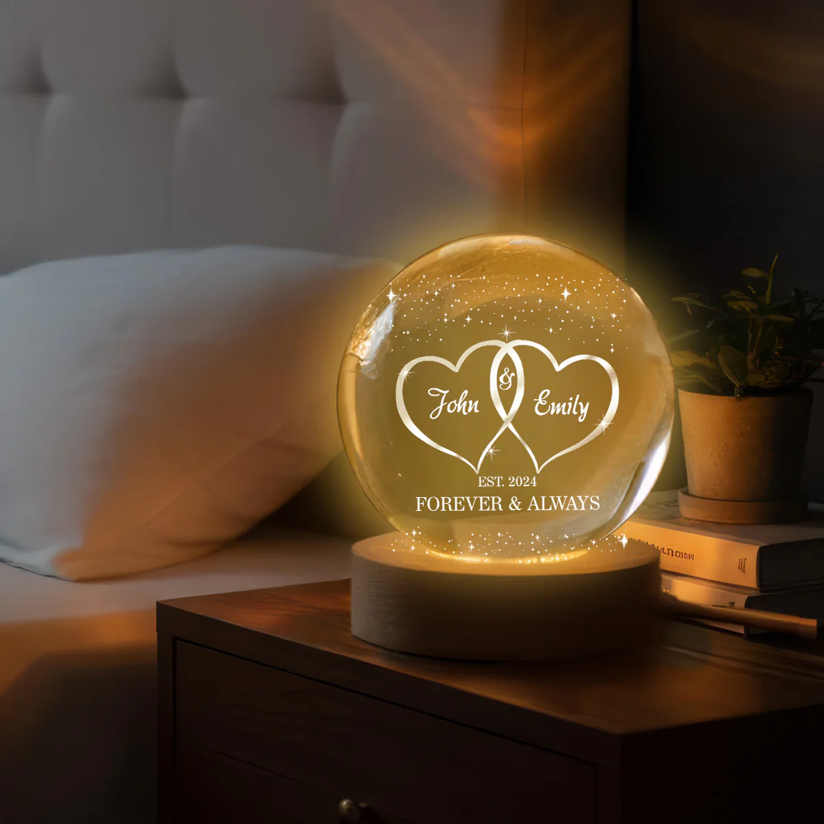 Eternal Love Galaxy Couple Hearts - Personalized Crystal Ball LED Night Light - Valentine's Day Gift For Couple, For Her, For Him - Image 3