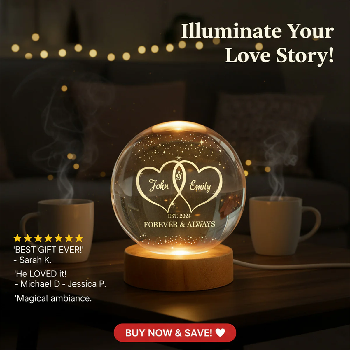Eternal Love Galaxy Couple Hearts - Personalized Crystal Ball LED Night Light - Valentine's Day Gift For Couple, For Her, For Him - Image 4