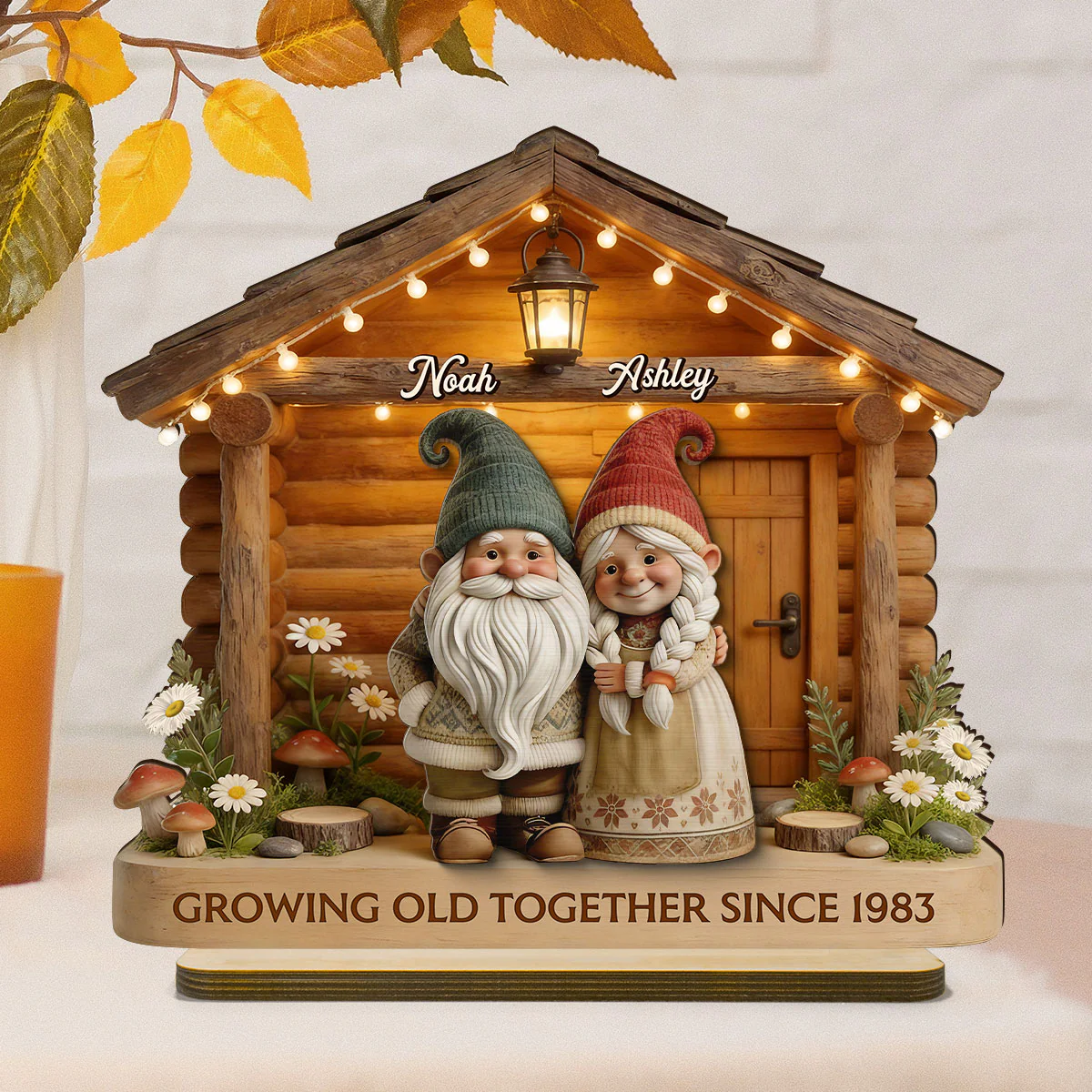 Eternal Love Gnome Couple At Wooden Cabin - Personalized 2-Layered Wooden Plaque - Heartfelt Gift For Couple