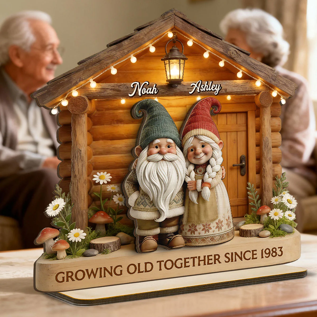 Eternal Love Gnome Couple At Wooden Cabin - Personalized 2-Layered Wooden Plaque - Heartfelt Gift For Couple - Image 2