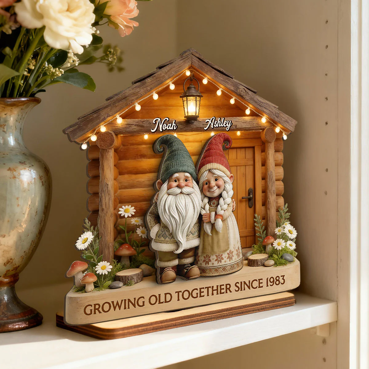 Eternal Love Gnome Couple At Wooden Cabin - Personalized 2-Layered Wooden Plaque - Heartfelt Gift For Couple - Image 3
