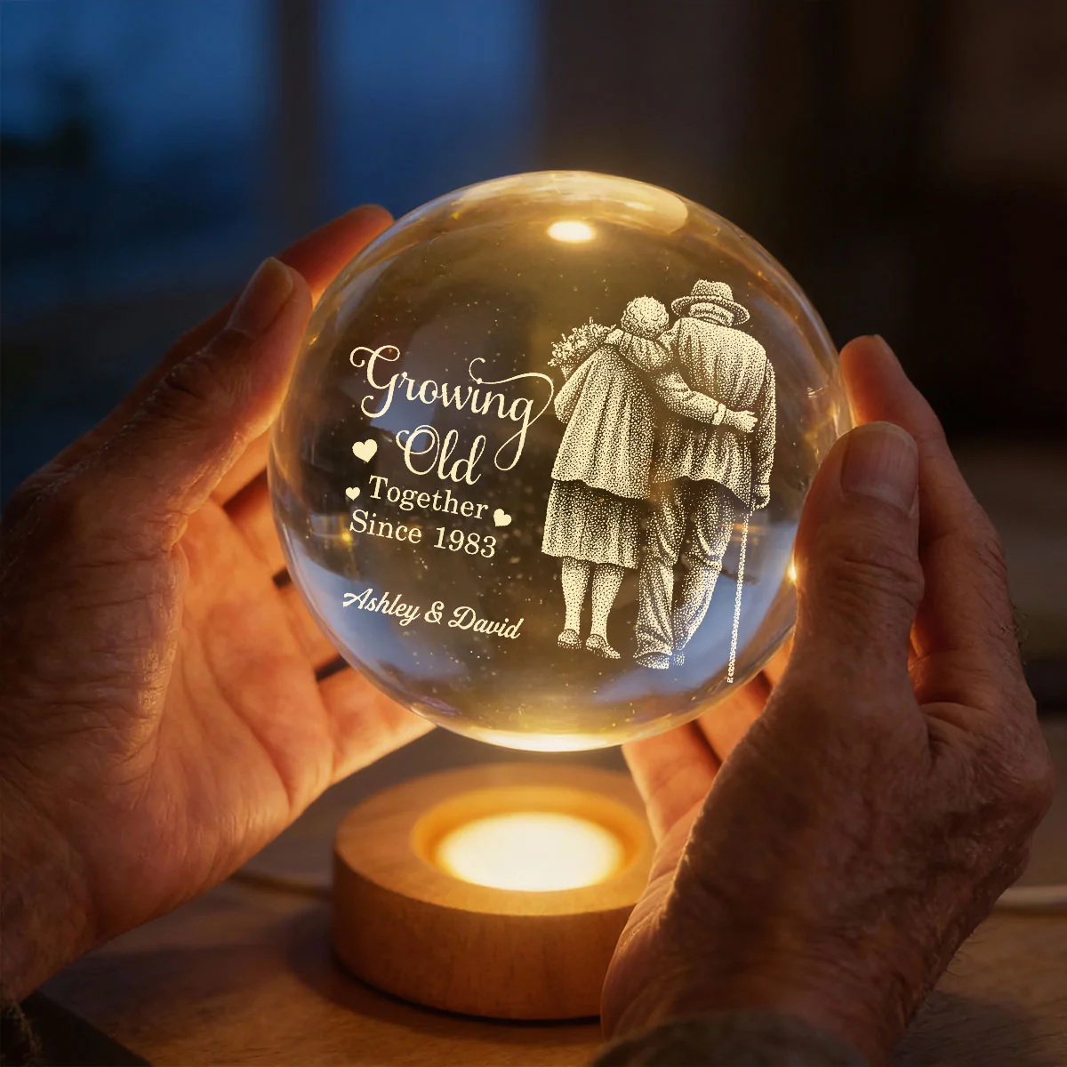 Eternal Love Old Couple Wanna Grow Old With You - Personalized Crystal Ball LED Night Light - Valentine's Day Gift For Couple - Image 2