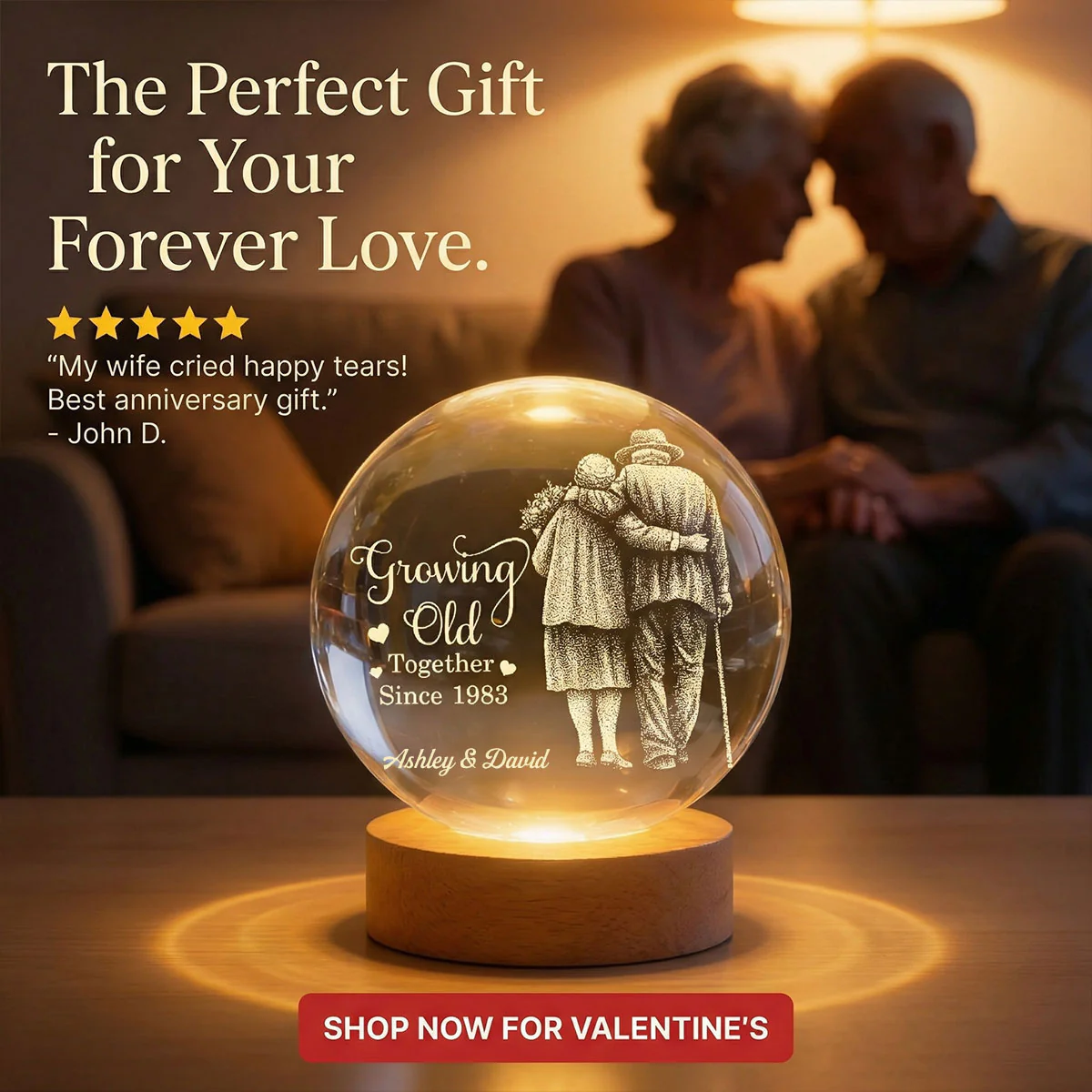 Eternal Love Old Couple Wanna Grow Old With You - Personalized Crystal Ball LED Night Light - Valentine's Day Gift For Couple - Image 3