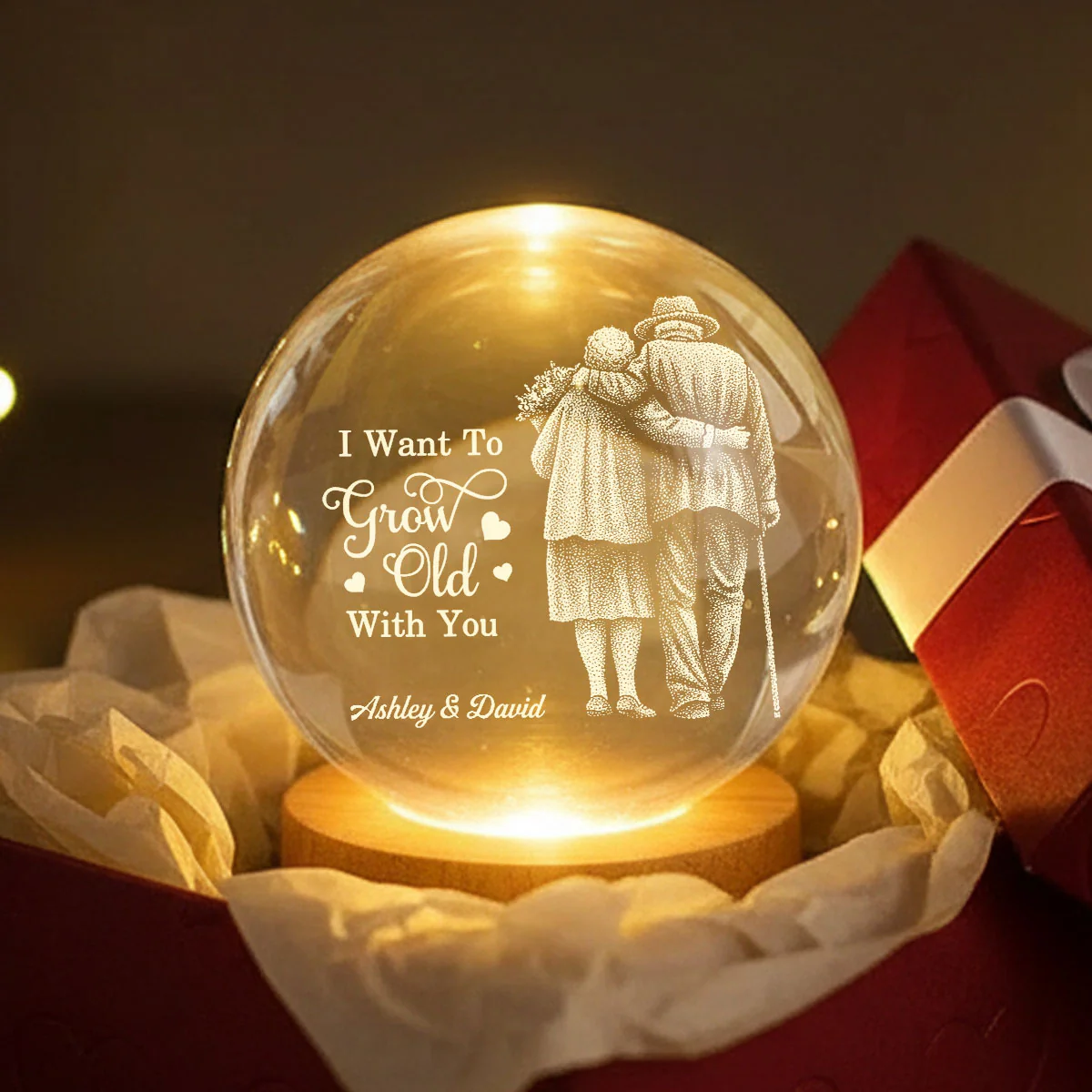 Eternal Love Old Couple Wanna Grow Old With You - Personalized Crystal Ball LED Night Light - Valentine's Day Gift For Couple - Image 4