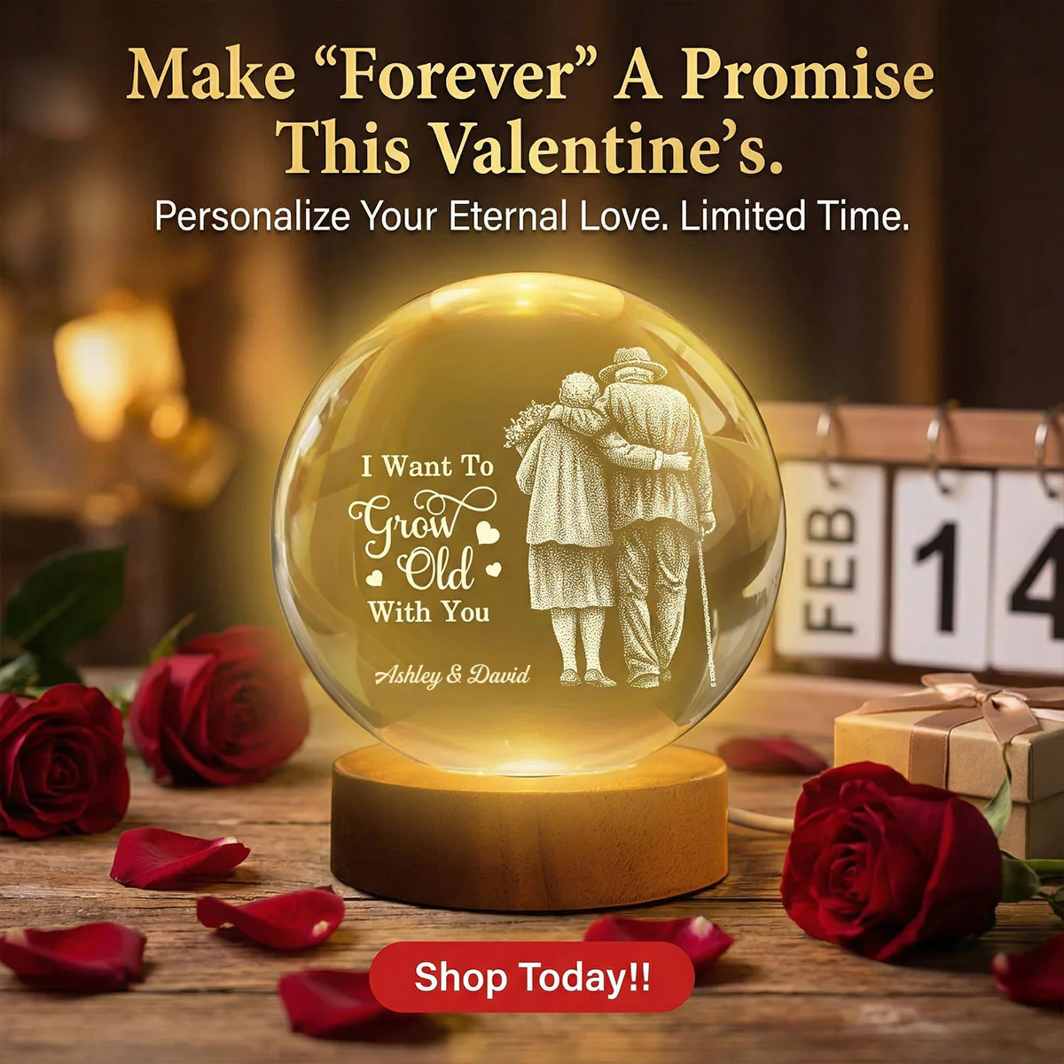 Eternal Love Old Couple Wanna Grow Old With You - Personalized Crystal Ball LED Night Light - Valentine's Day Gift For Couple - Image 5