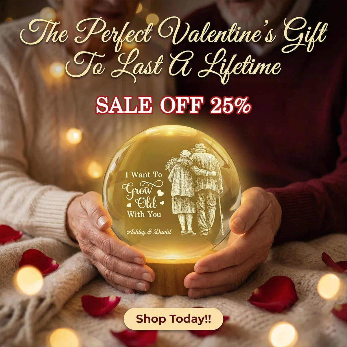 Eternal Love Old Couple Wanna Grow Old With You - Personalized Crystal Ball LED Night Light - Valentine's Day Gift For Couple - Image 8