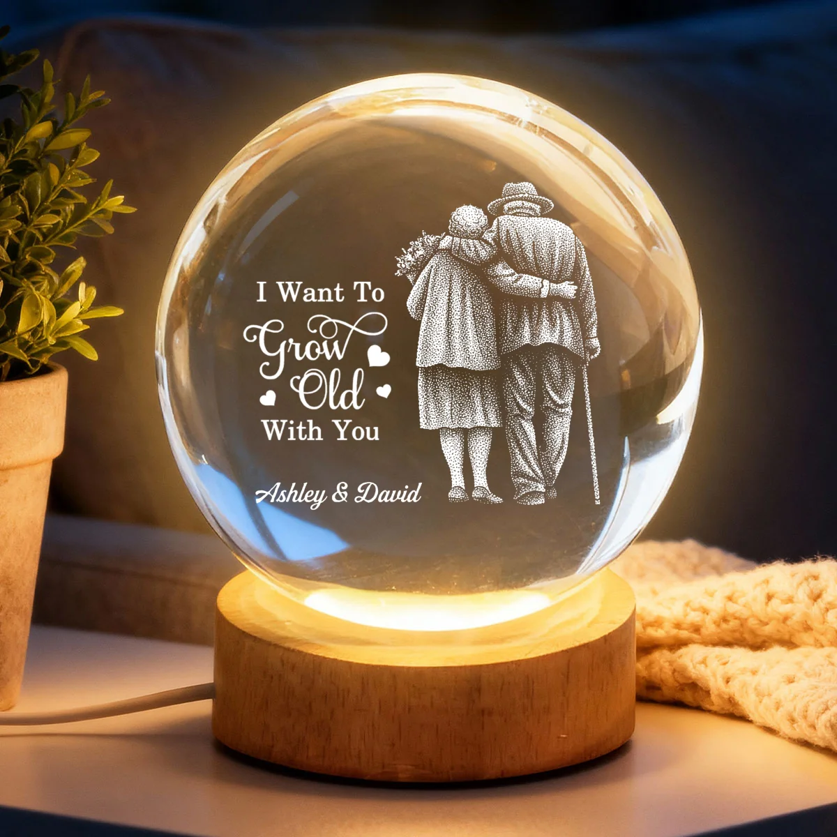 Eternal Love Old Couple Wanna Grow Old With You - Personalized Crystal Ball LED Night Light - Valentine's Day Gift For Couple - Image 9