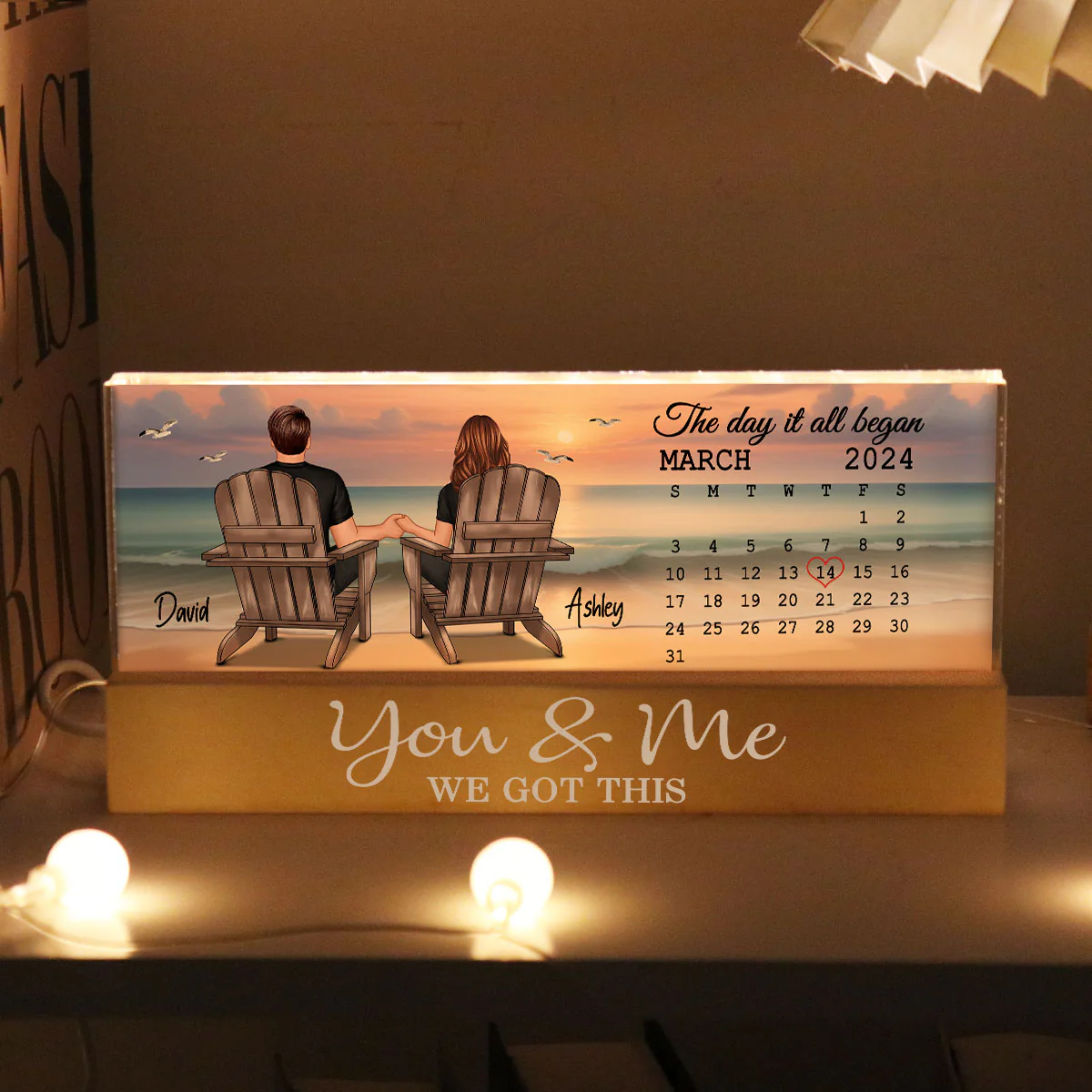 Eternal Sunset Beach Couple Back View Anniversary Calendar Personalized Acrylic Block LED Night Light - Image 2