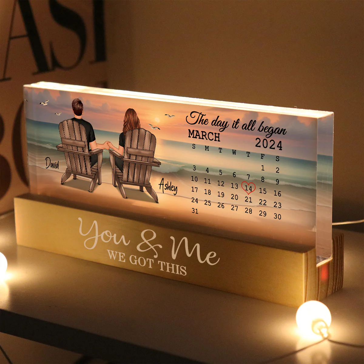 Eternal Sunset Beach Couple Back View Anniversary Calendar Personalized Acrylic Block LED Night Light - Image 3
