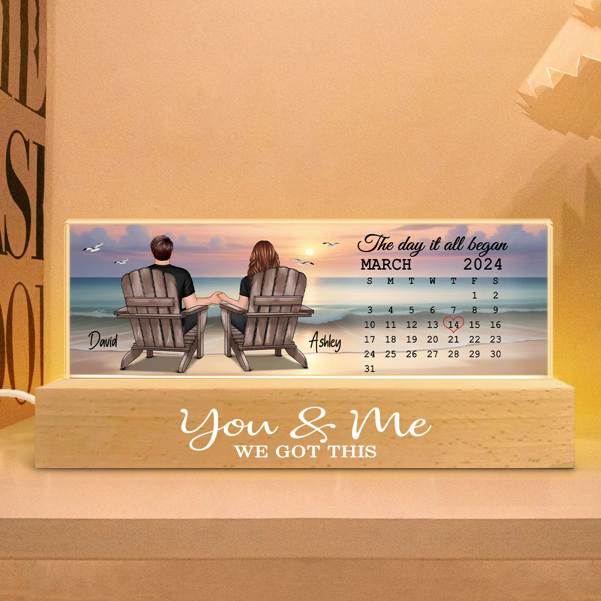 Eternal Sunset Beach Couple Back View Anniversary Calendar Personalized Acrylic Block LED Night Light - Image 4