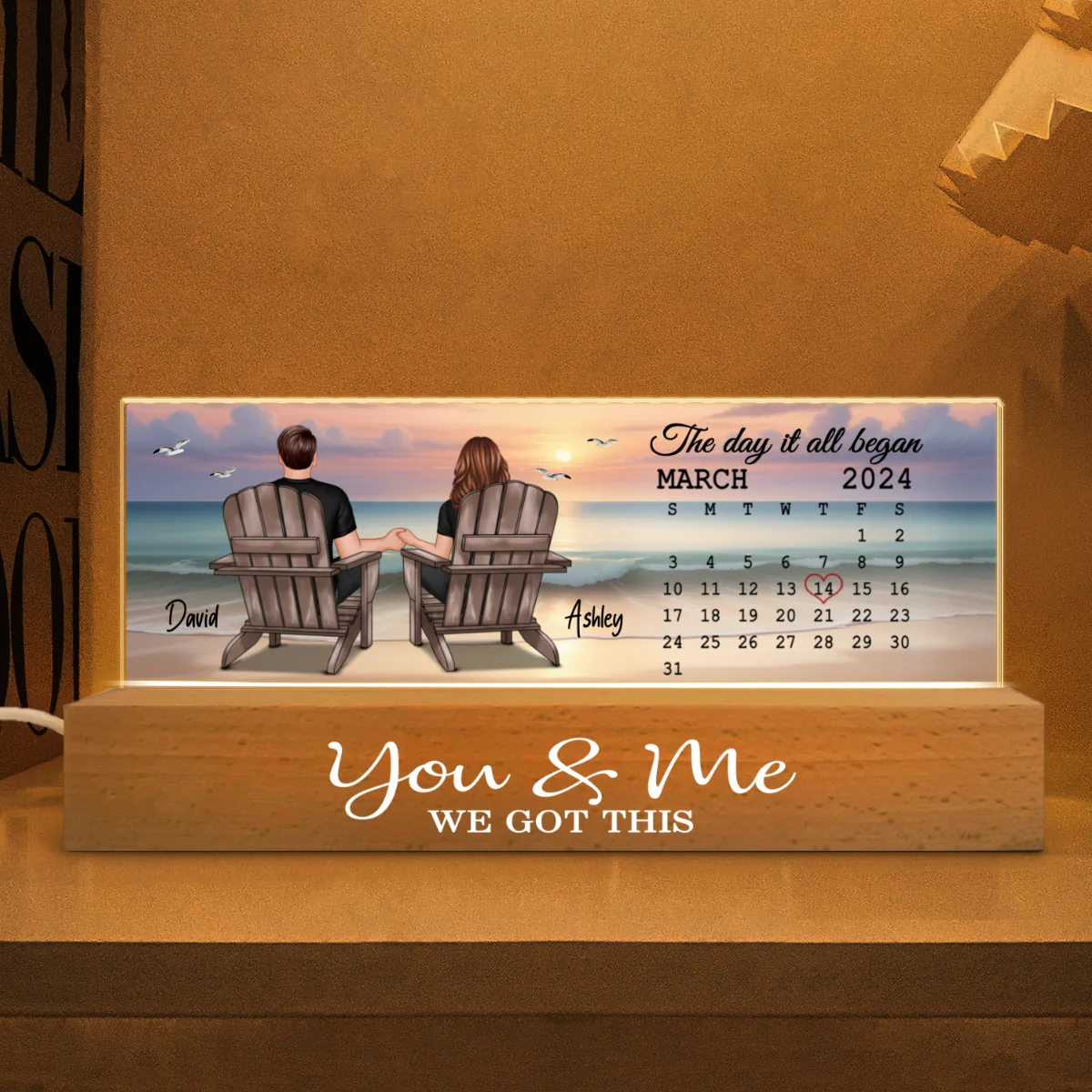 Eternal Sunset Beach Couple Back View Anniversary Calendar Personalized Acrylic Block LED Night Light - Image 6