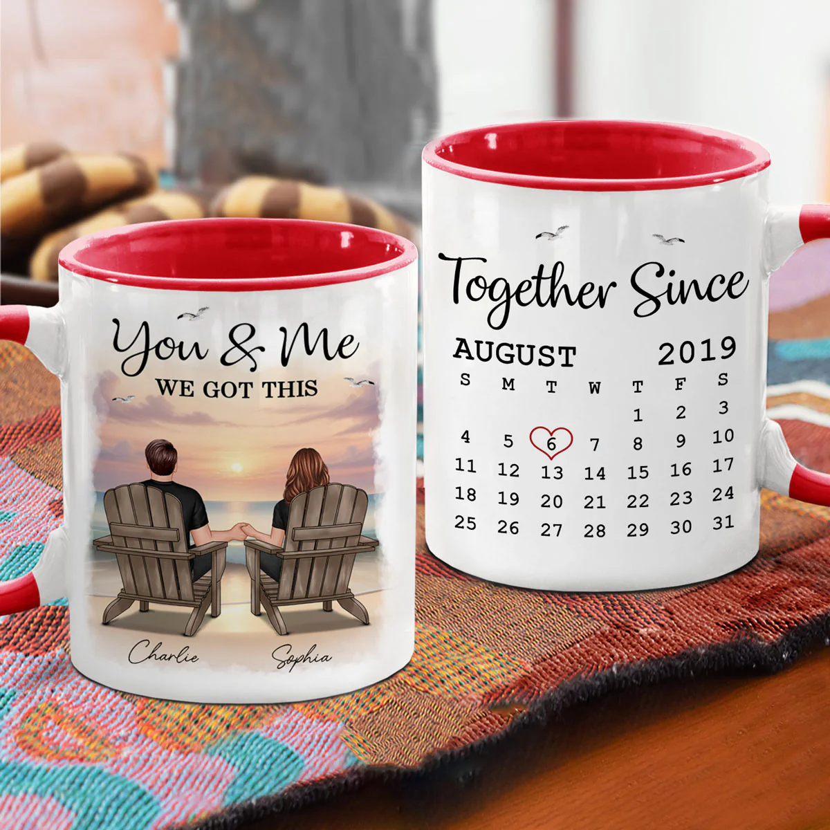 Eternal Sunset Beach Couple Back View Anniversary Calendar Personalized Mug,  Gift, Anniversary Gift For Him, For Her - Image 2
