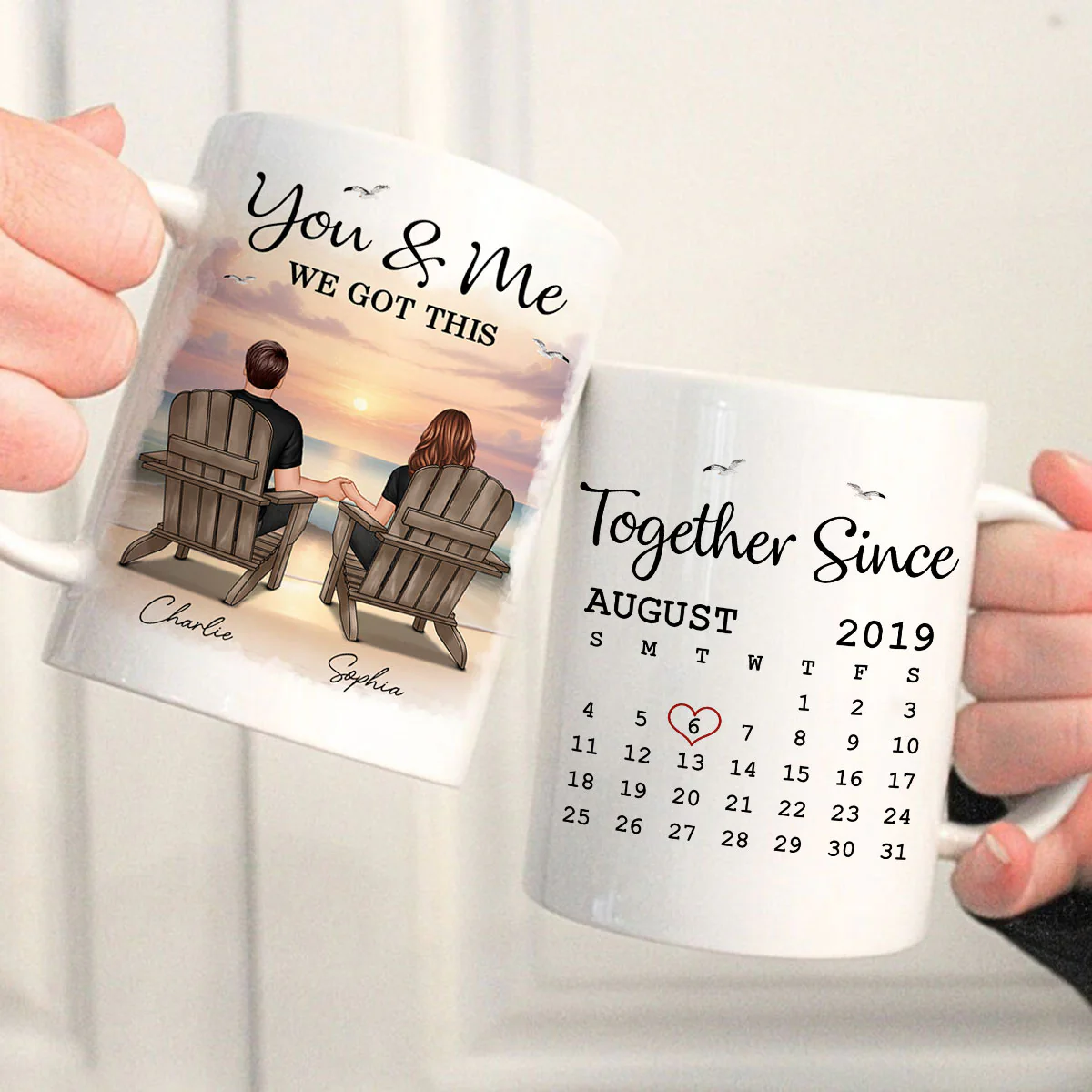 Eternal Sunset Beach Couple Back View Anniversary Calendar Personalized Mug,  Gift, Anniversary Gift For Him, For Her - Image 3