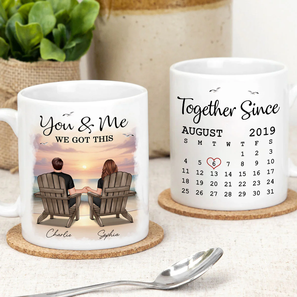 Eternal Sunset Beach Couple Back View Anniversary Calendar Personalized Mug,  Gift, Anniversary Gift For Him, For Her - Image 6