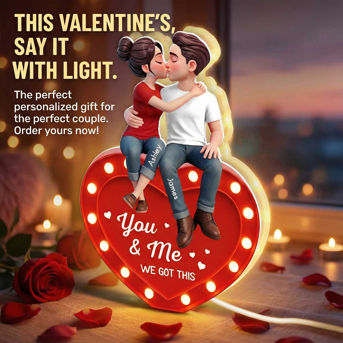 Everlasting Heart LOVE Couple Sitting Kissing - Personalized Light Box - Valentine's Day Gift For Couple, For Him, For Her - Image 8