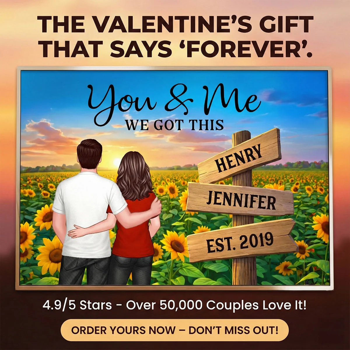 Everlasting Love Back View Couple Sunflower Field Sign Posts - Personalized Poster - Valentine's Day Gift For Couple - Image 2