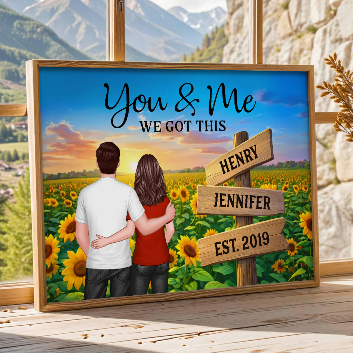 Everlasting Love Back View Couple Sunflower Field Sign Posts - Personalized Poster - Valentine's Day Gift For Couple - Image 3