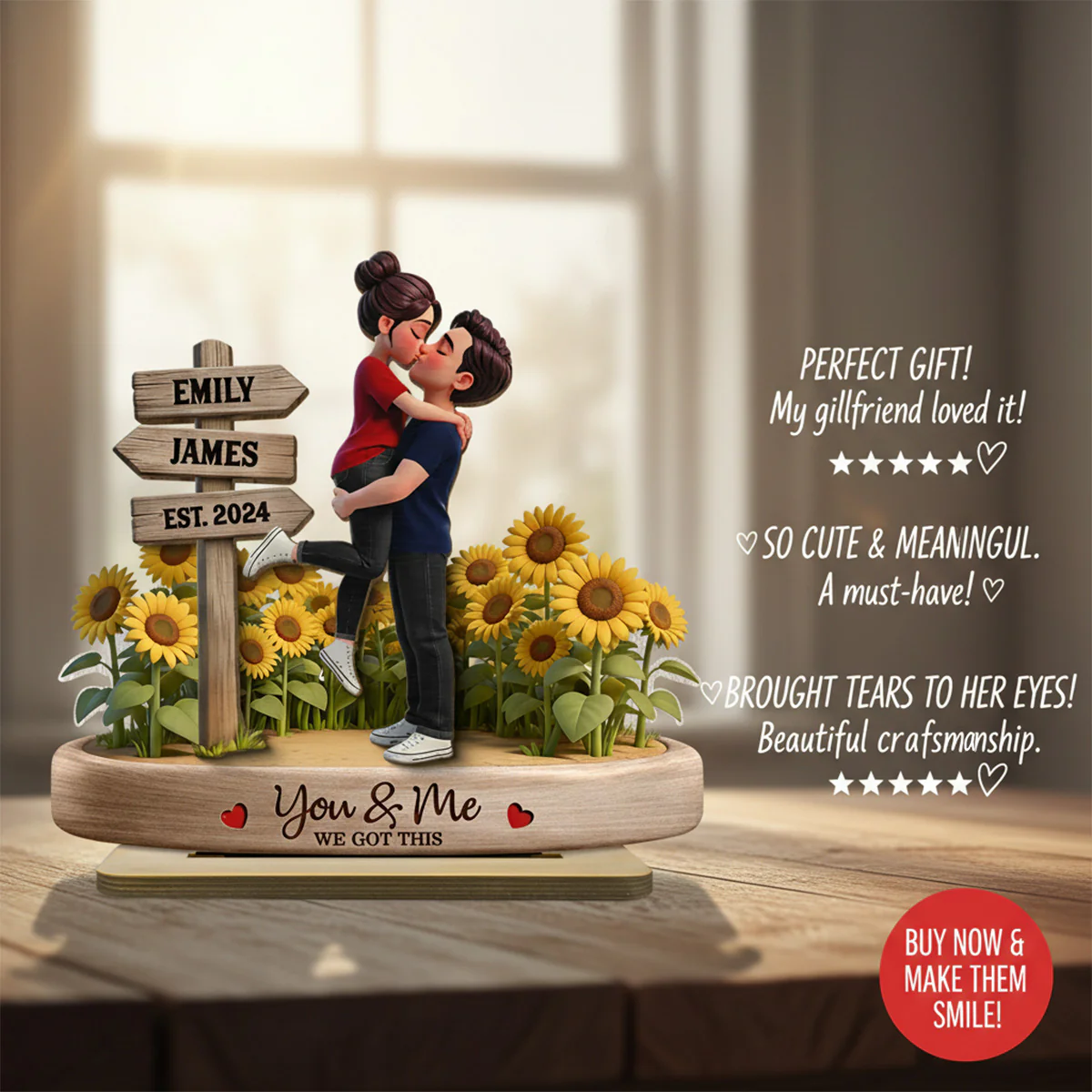 Everlasting Love Couple Hugging Kissing Sunflower Field Sign Posts - Personalized 2-Layered Wooden Plaque - Valentine's Day Gift For Couple - Image 3