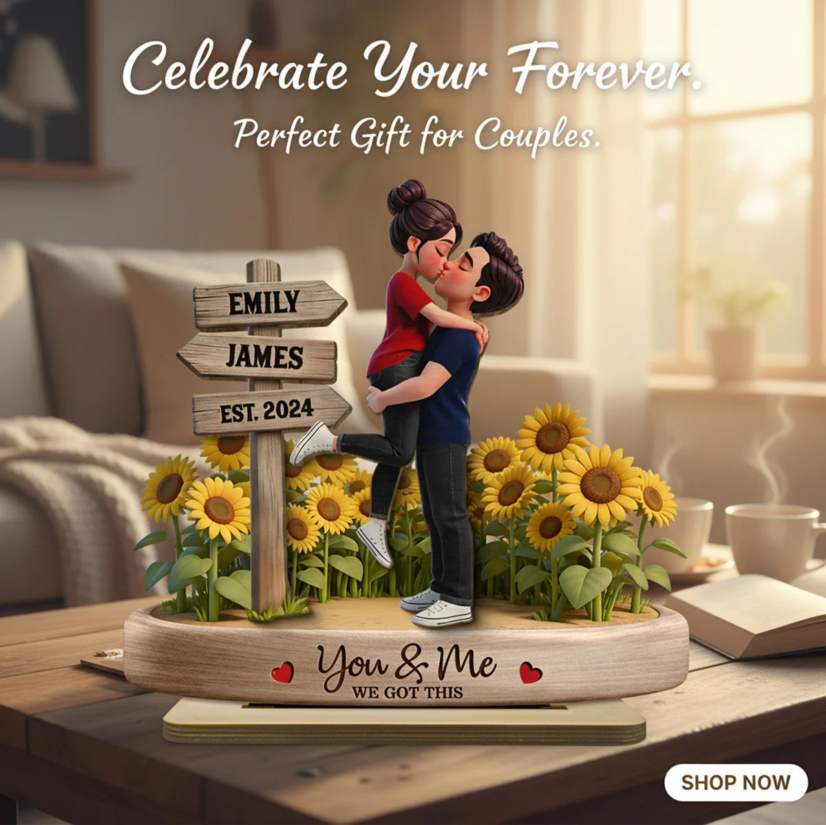 Everlasting Love Couple Hugging Kissing Sunflower Field Sign Posts - Personalized 2-Layered Wooden Plaque - Valentine's Day Gift For Couple - Image 4