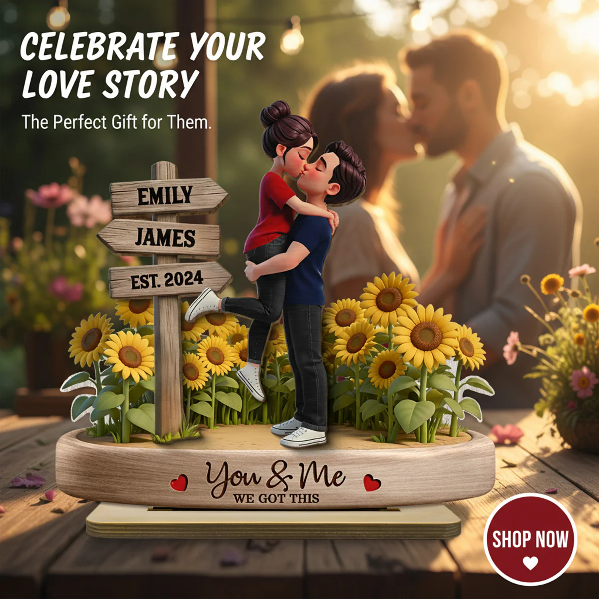 Everlasting Love Couple Hugging Kissing Sunflower Field Sign Posts - Personalized 2-Layered Wooden Plaque - Valentine's Day Gift For Couple - Image 5
