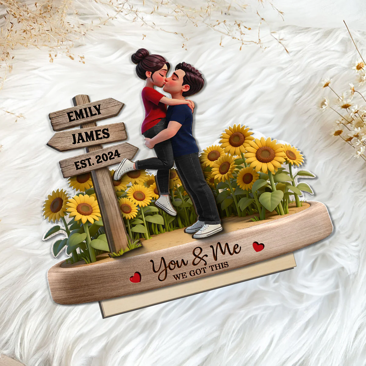 Everlasting Love Couple Hugging Kissing Sunflower Field Sign Posts - Personalized 2-Layered Wooden Plaque - Valentine's Day Gift For Couple - Image 6