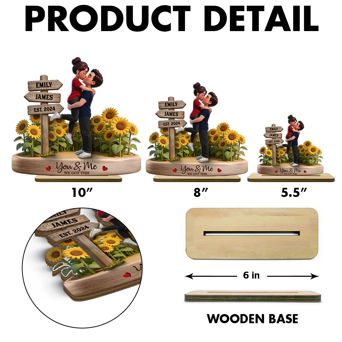 Everlasting Love Couple Hugging Kissing Sunflower Field Sign Posts - Personalized 2-Layered Wooden Plaque - Valentine's Day Gift For Couple - Image 7