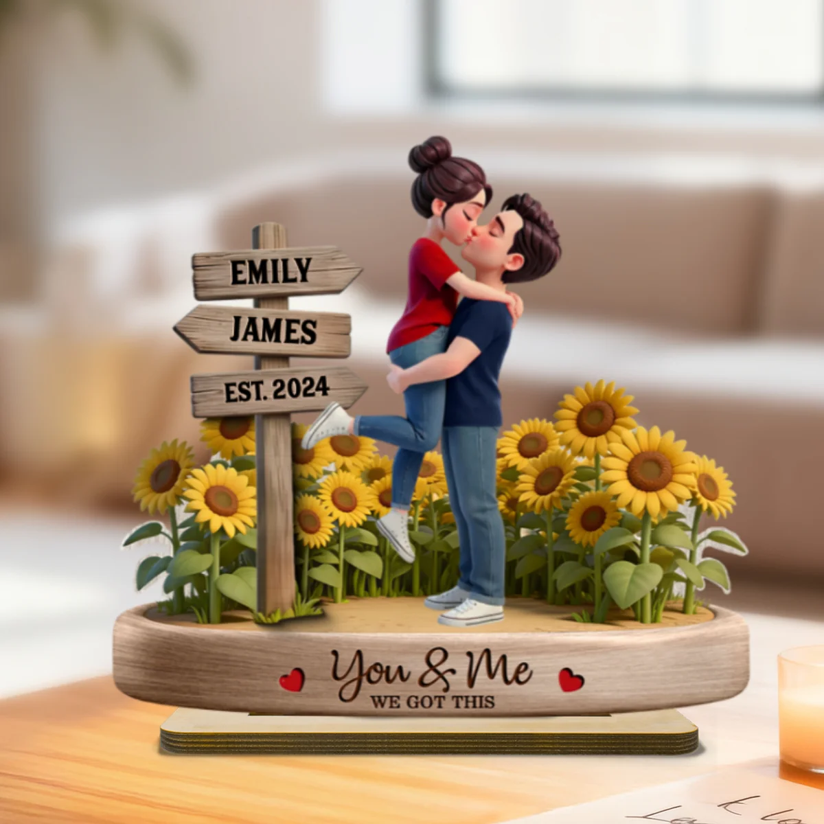 Everlasting Love Couple Hugging Kissing Sunflower Field Sign Posts - Personalized 2-Layered Wooden Plaque - Valentine's Day Gift For Couple - Image 9