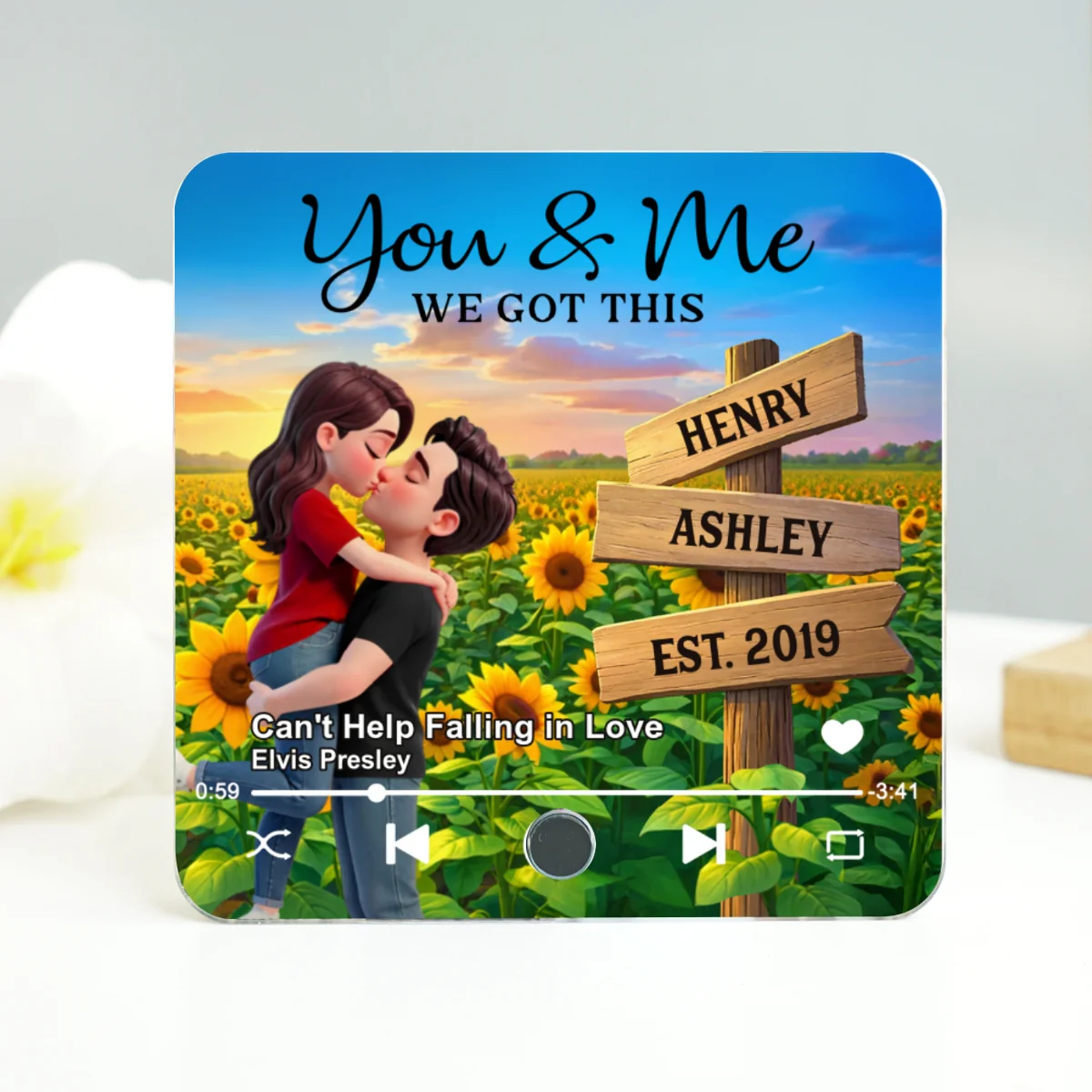 Everlasting Love Couple Hugging Kissing Sunflower Field Sign Posts - Personalized Music Fridge Magnet - Valentine's Day Gift For Couple - Image 12