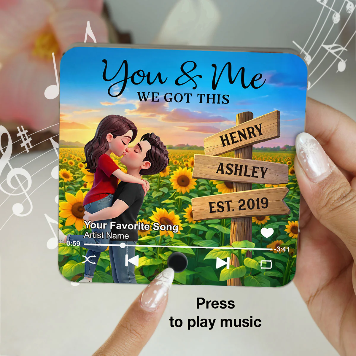 Everlasting Love Couple Hugging Kissing Sunflower Field Sign Posts - Personalized Music Fridge Magnet - Valentine's Day Gift For Couple - Image 8
