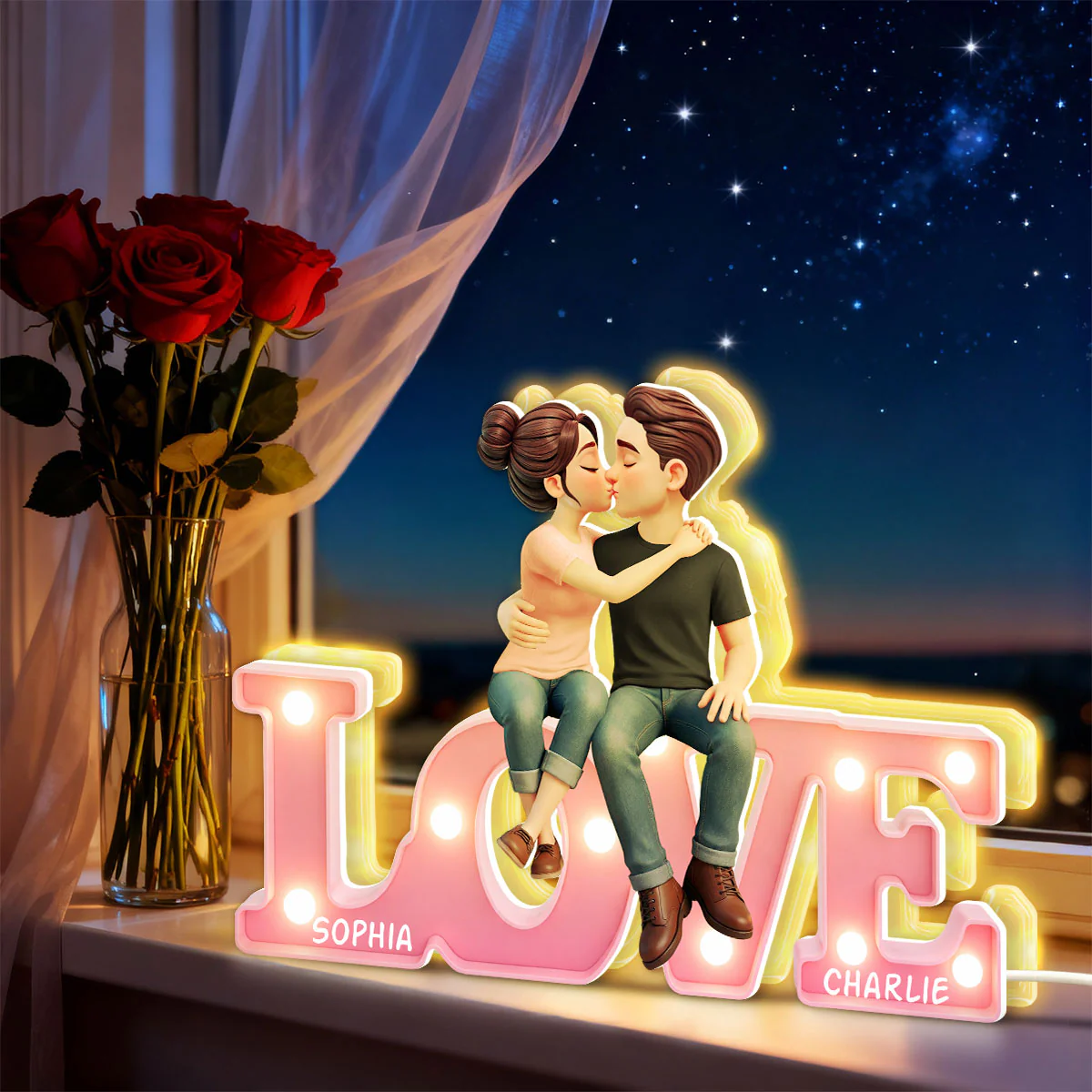 Everlasting LOVE Couple Sitting Kissing - Personalized Light Box - Valentine's Day Gift For Couple, For Him, For Her - Image 3