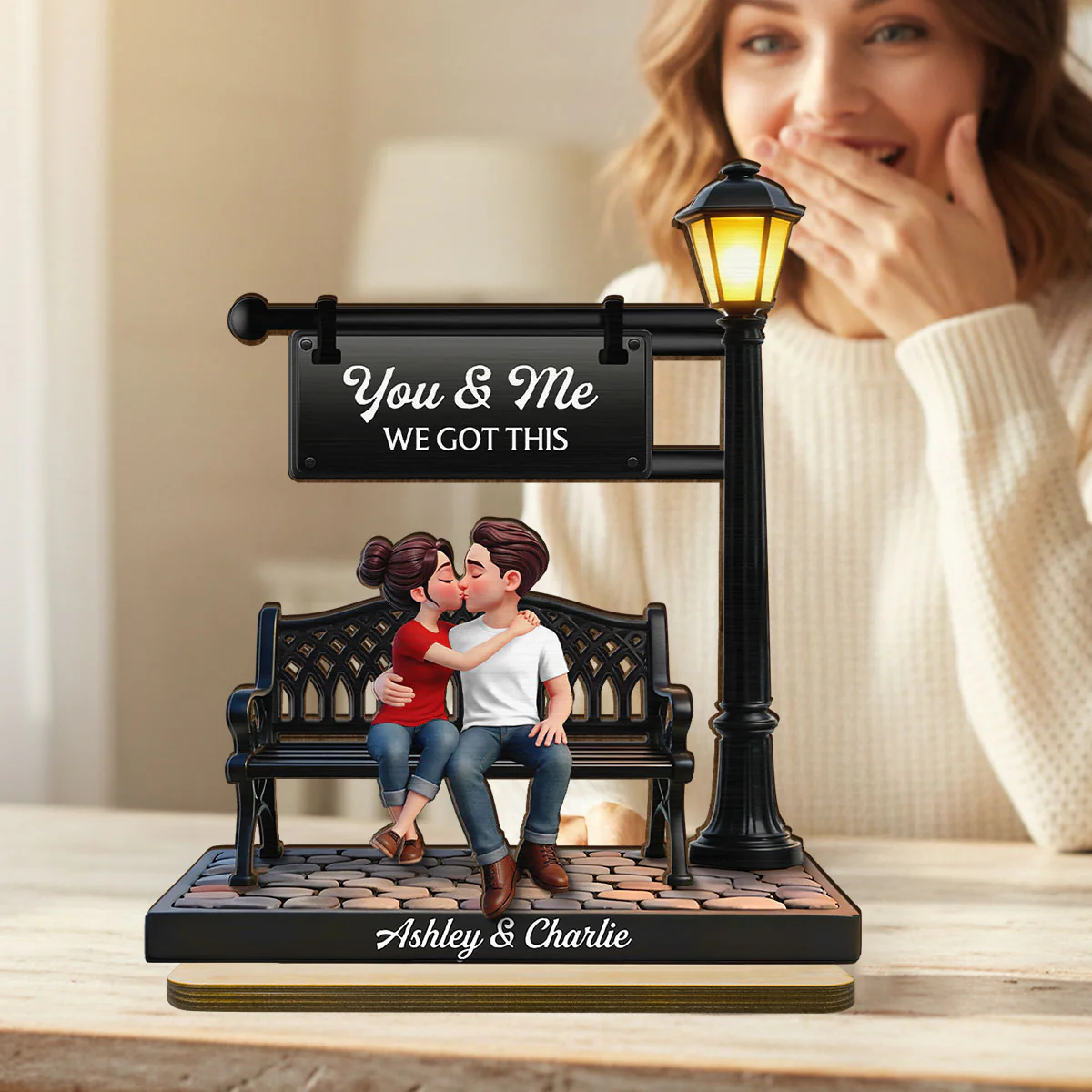 Everlasting Love Couple Sitting Kissing Under Lamp Post - Personalized 2-Layered Wooden Plaque - Heartfelt Gift For Couple - Image 4