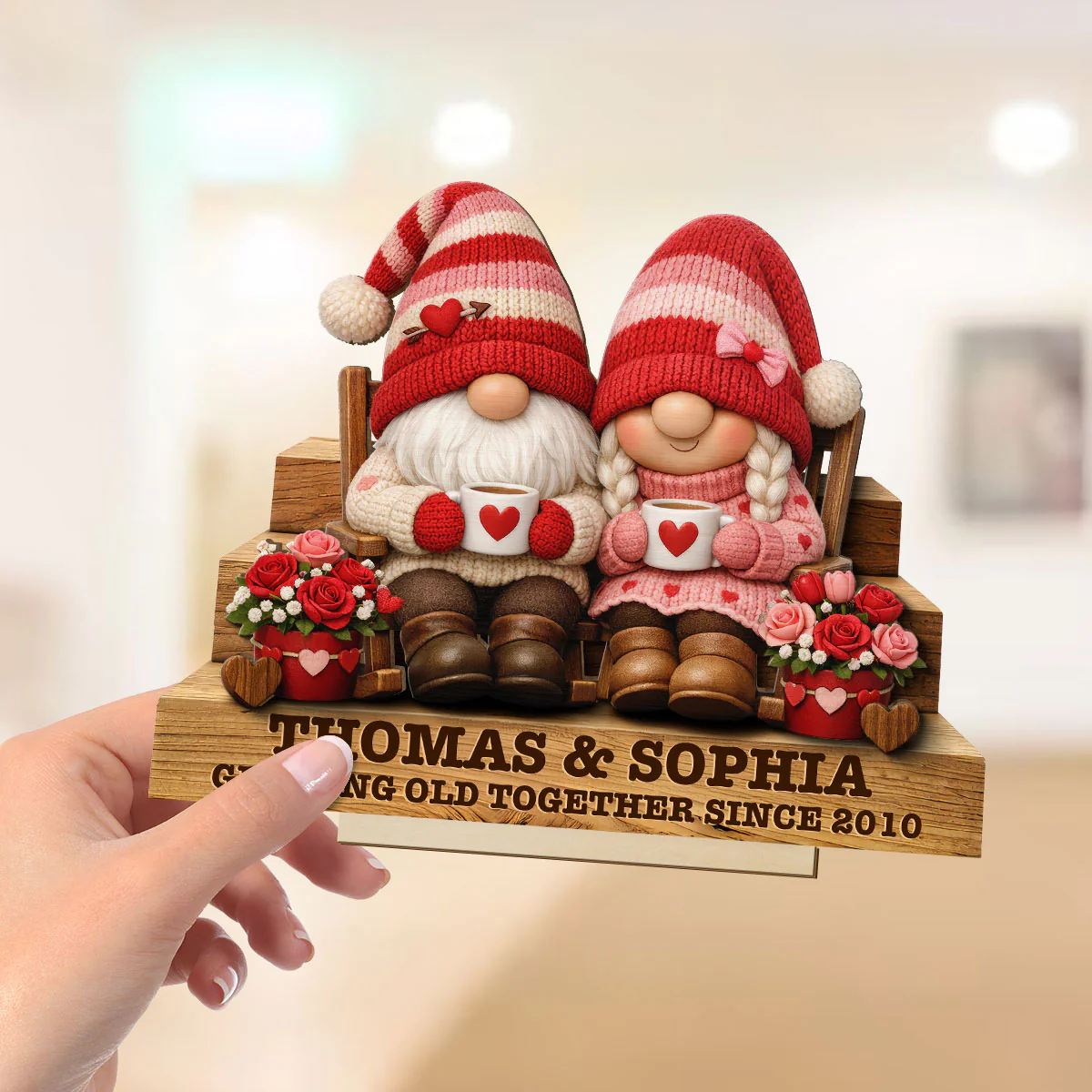Everlasting Love Valentine Gnome Couple - Personalized 2-Layered Wooden Plaque - Valentine's Day Gift For Couple - Image 4