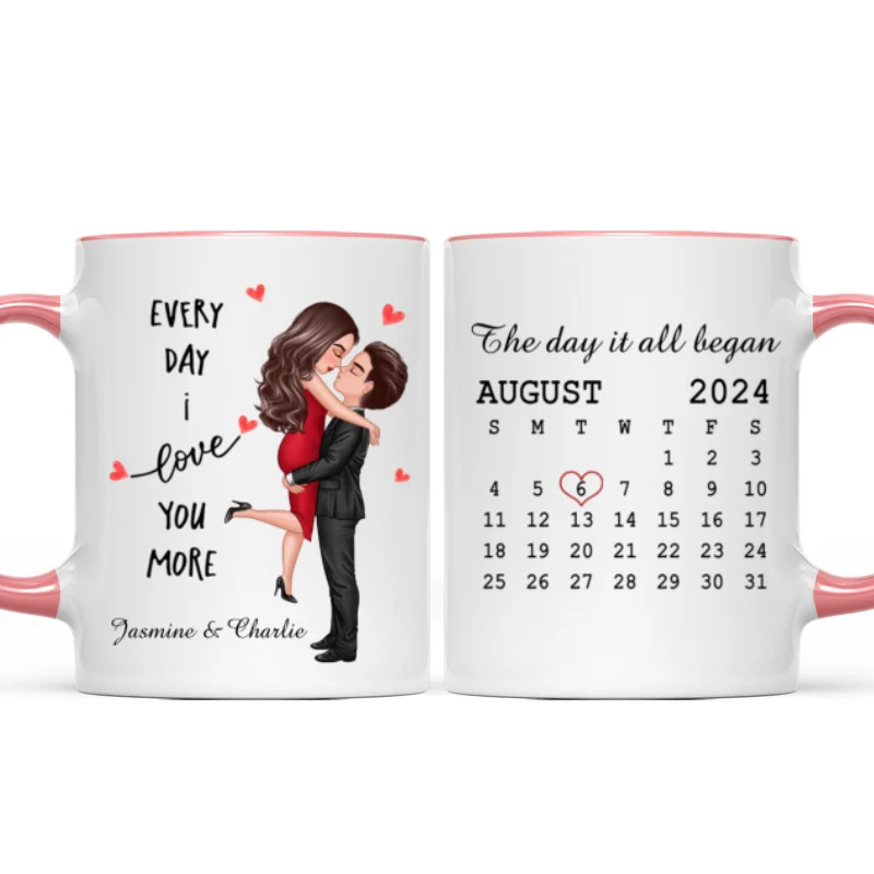 Everyday I Love You More Couple Hugging Kissing Calendar Keepsake Gift Personalized Mug - Image 11