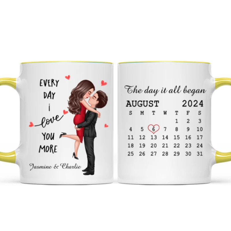 Everyday I Love You More Couple Hugging Kissing Calendar Keepsake Gift Personalized Mug - Image 12