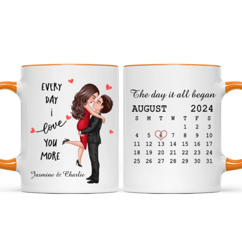 Everyday I Love You More Couple Hugging Kissing Calendar Keepsake Gift Personalized Mug - Image 13