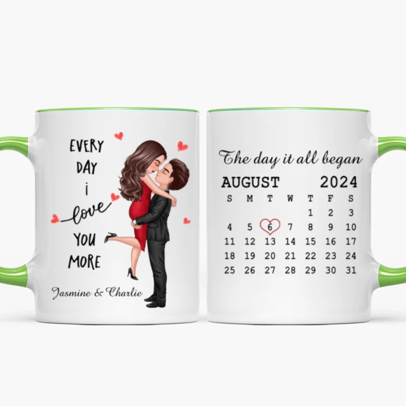 Everyday I Love You More Couple Hugging Kissing Calendar Keepsake Gift Personalized Mug - Image 14