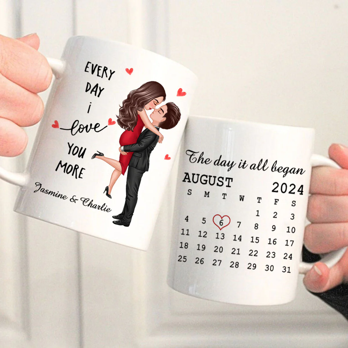 Everyday I Love You More Couple Hugging Kissing Calendar Keepsake Gift Personalized Mug - Image 2